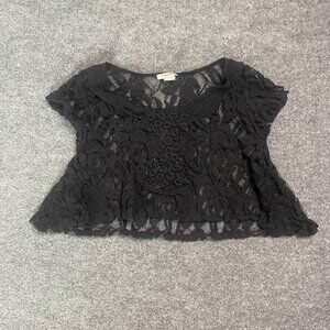 Ambiance Blouse Women's S Black Solid Short Sleeve Boat Neck 100% Rayon Crochet